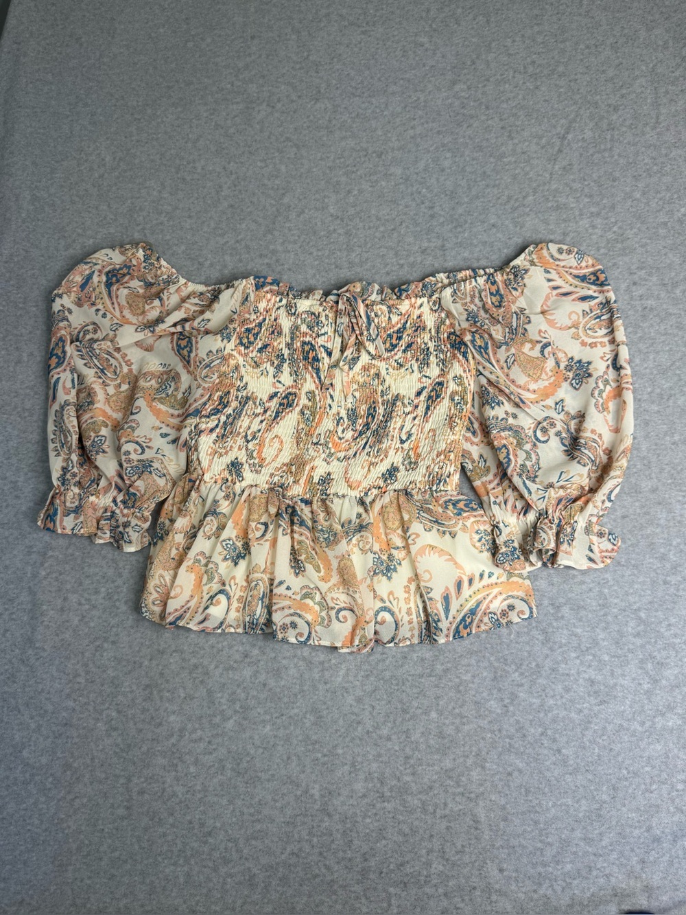 Flying Tomato Cream and Tan Paisley Smocked Off-Shoulder Top Boho Chic Medium